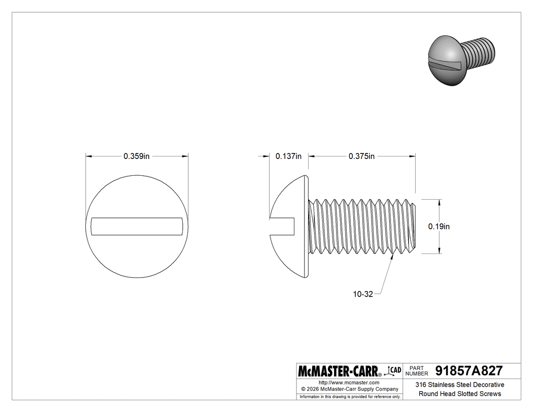 Technical Drawing of 316 Stainless Steel Decorative Round Head Slotted Screws, 10-32 Thread, 3/8" Long.